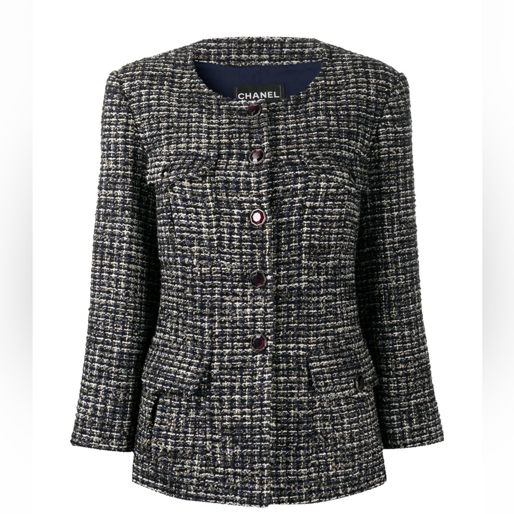 Chanel Navy Tweed Jacket with Gripoix Jeweled Buttons size 46